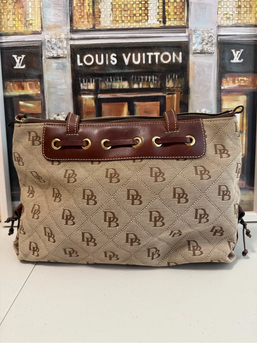 Dooney & Bourke Beige Monogram Quilted Tote with Brown Leather Trim